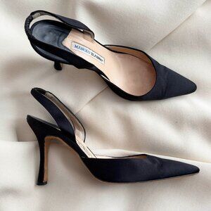 Manolo Blahnik "Carolyne" 90mm Satin Slingbacks in Black, size 38